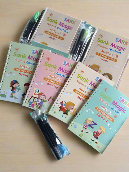 Sank Magic Practice Copybook Set for Kids – Reusable Handwriting Book (4 Books + 1 Magic Pen + 10 Refills + 1 Pen Grip Holder)