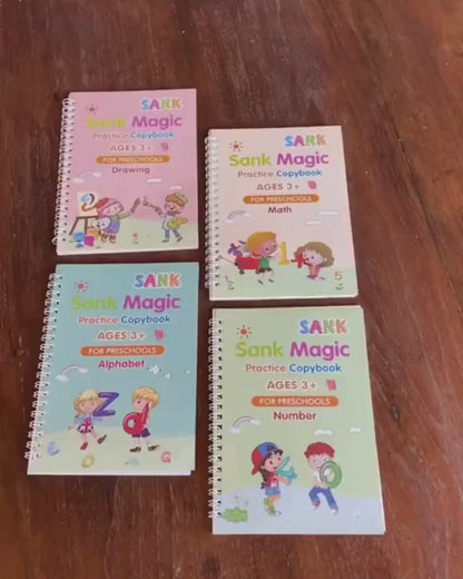Sank Magic Practice Copybook Set for Kids – Reusable Handwriting Book (4 Books + 1 Magic Pen + 10 Refills + 1 Pen Grip Holder)